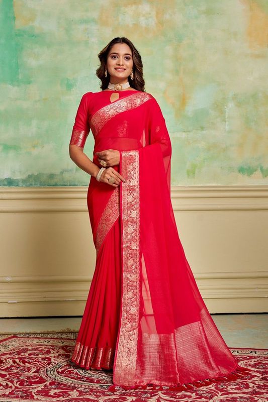 Pink Crepe Woven Saree and Stitched Pink Blouse