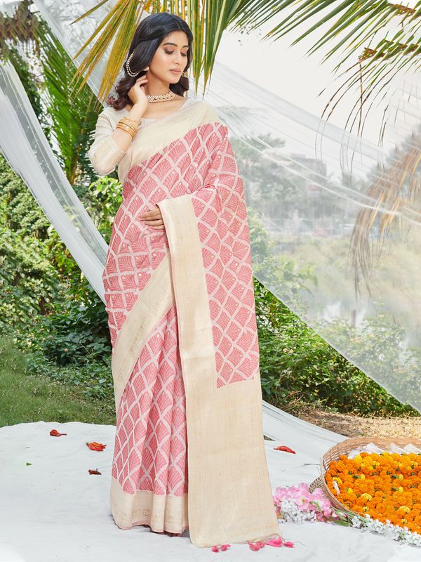 Pink Wevon & Designer Printed Cotton Saree