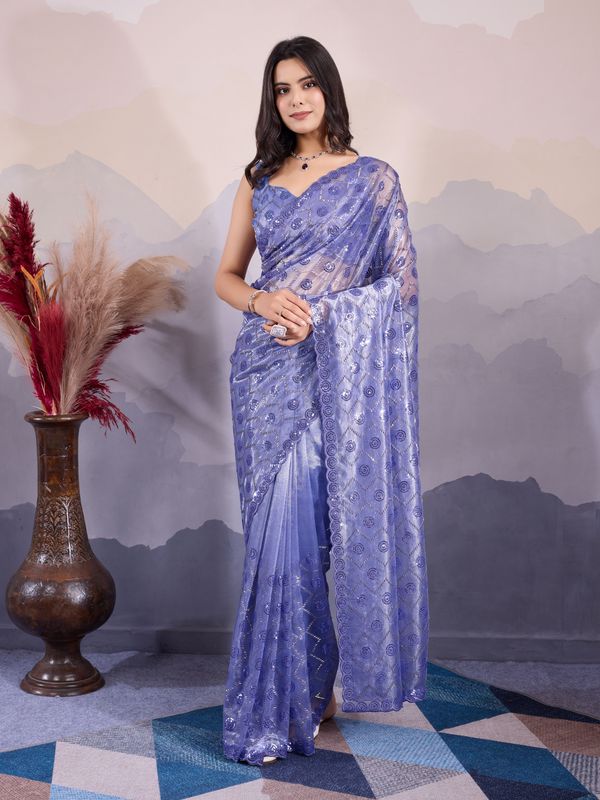 Lavender Twill Net Designer Sequins Embroidery Work Glamorous Partywear Saree