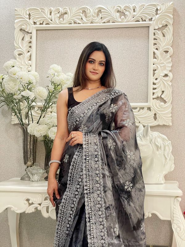 Black Printed & Silver Jari Embroidery Work Jimmy Choo Saree