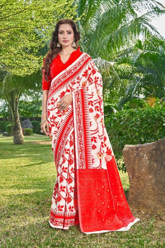Red Wevon Thread Designer Silk Cotton Saree