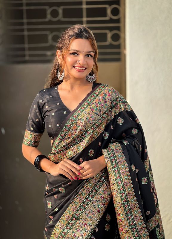 Graceful And Ethnic Black Color Wevon Kashmiri Meenakari Designer Trendy Partywear Saree