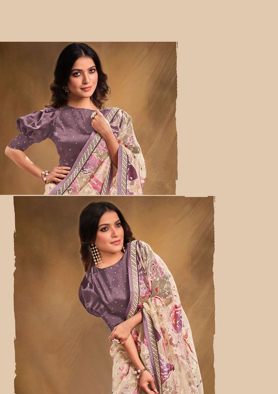 Cream Designer Embroidery & Stone Work Organza Saree