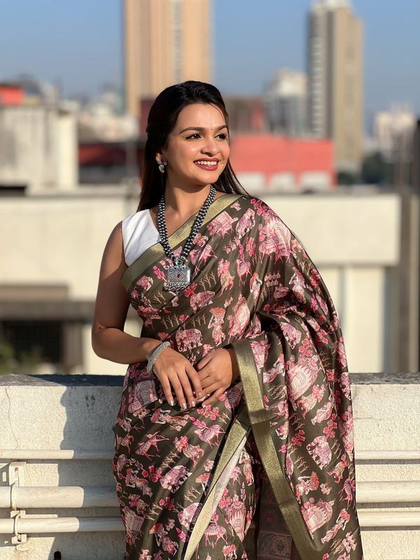 Green Wevon Jari Border & Designer Digital Printed Tussar Silk Saree