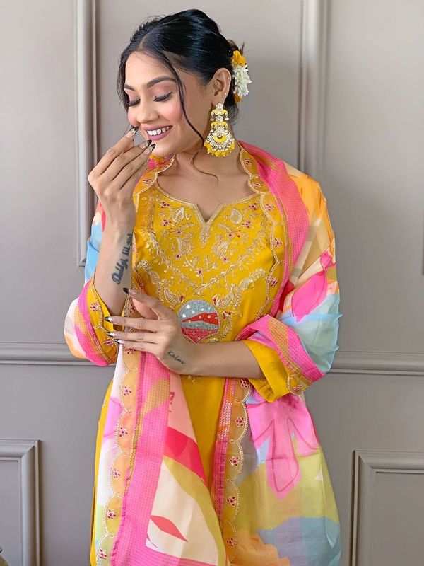 Beautiful Mustard Color Viscose Fabric Graceful Embroidered Readymade Suit