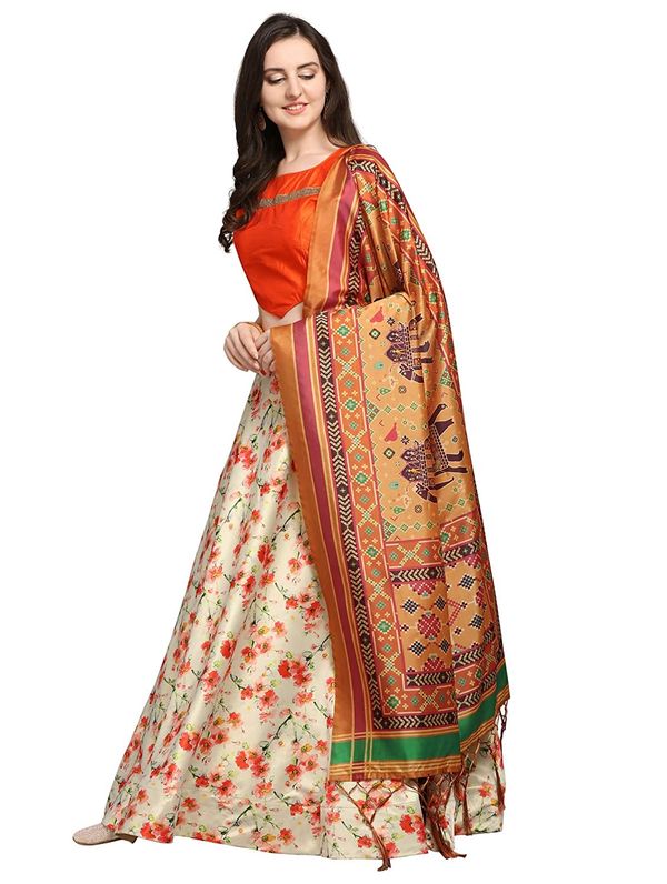 Bandhni Patola Type Digital Print Shiney Satin Croptop Lehenga Choli With Blouse For Women and Girls