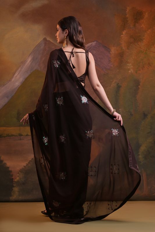 Coffee Designer Sequance Embroidery Work Georgette Saree
