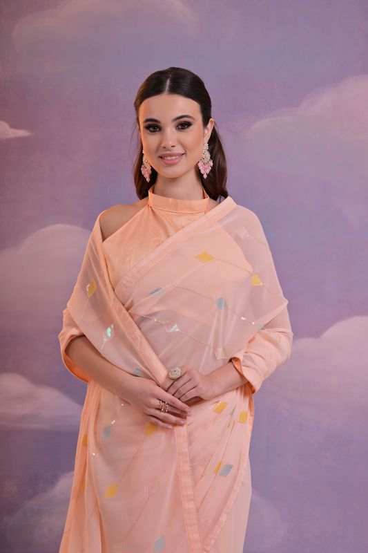 Orange Designer Sequance Embroidery Work Georgette Saree