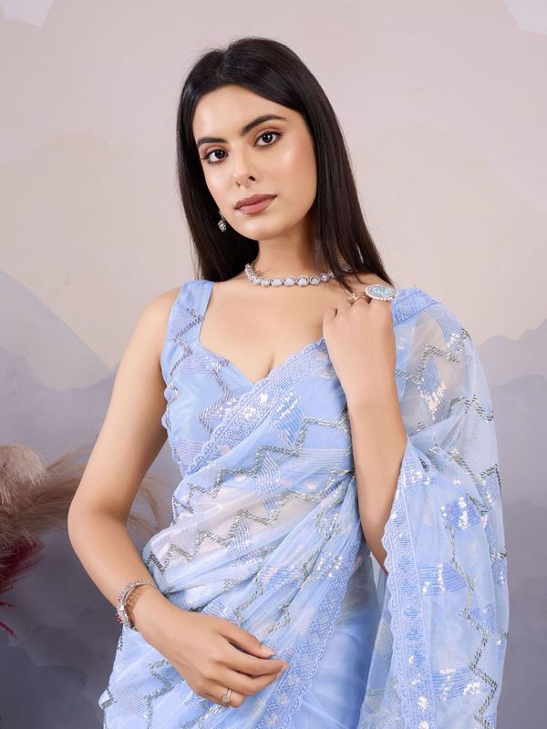Sky Blue Designer Sequance Embroidery Work Twill Net Saree