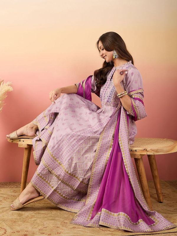Purple Color Rich Looks Hand Woven Readymade Dress With Sophisticated Embroidery Work