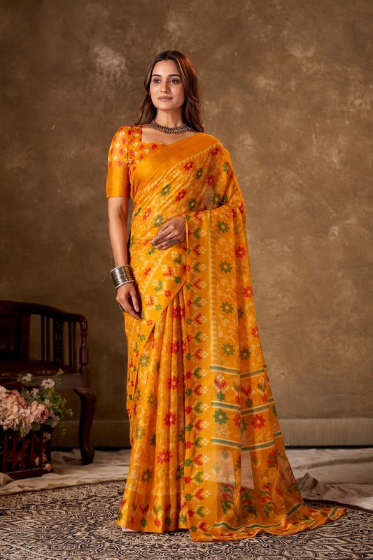 Yellow Cotton Printed Saree and Stitched Yellow Blouse