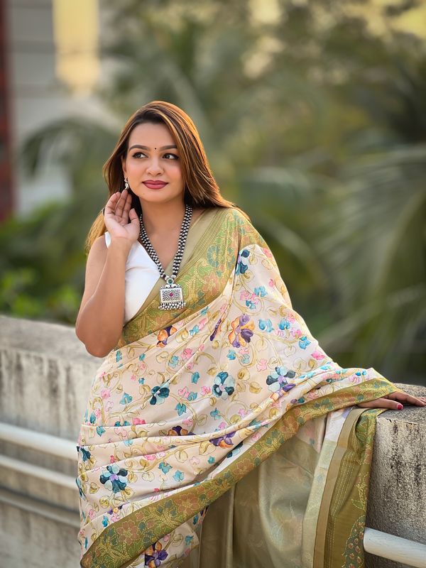 Green Wevon Jari Designer & Kalamkari Printed Tussar Silk Saree