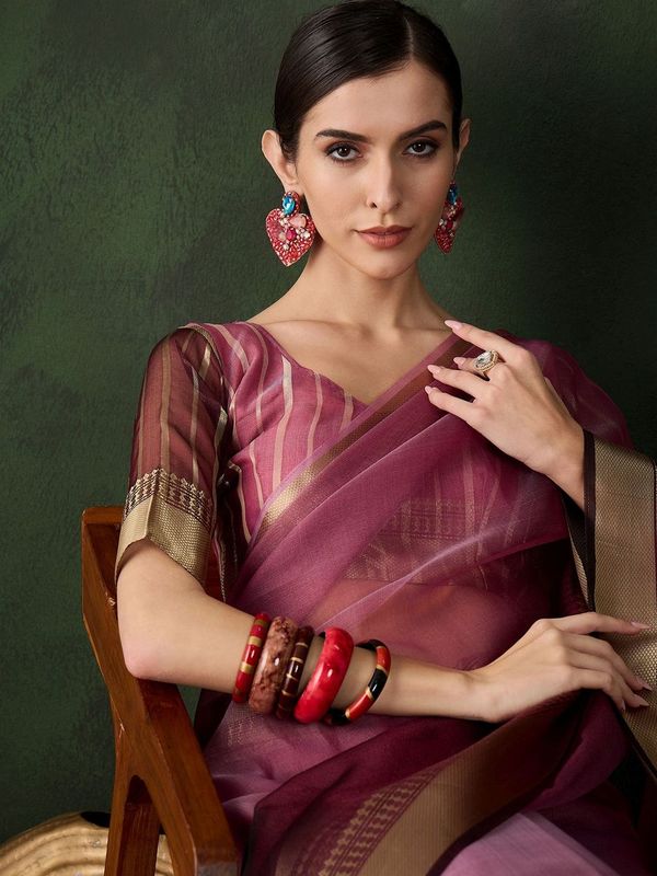 Wine Wevon Jacquard Designer Khadi Organza Saree