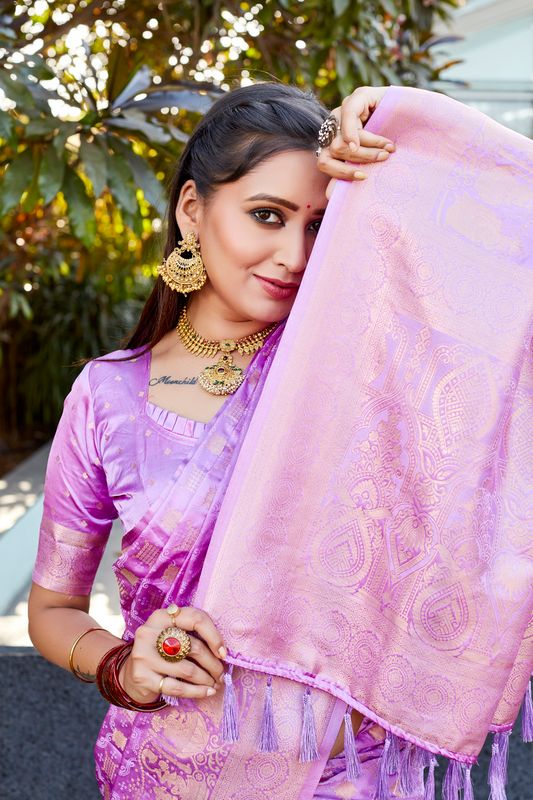 Purple Heavy Jacquard Weving Designer Satin Silk Saree
