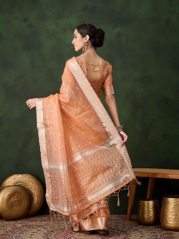 Peach Wevon Jacquard Designer Khadi Organza Saree