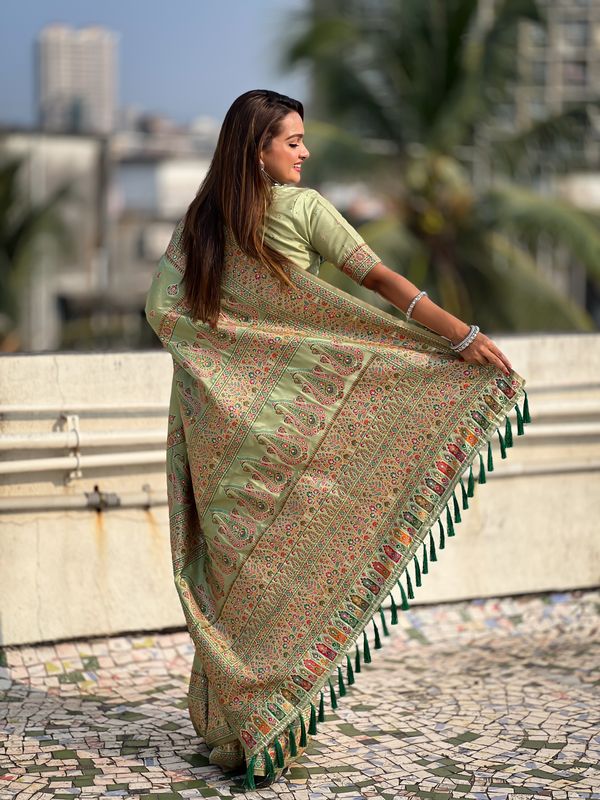 Pista Wevon Kashmiri Meenakari Designer Pashmina Silk Saree