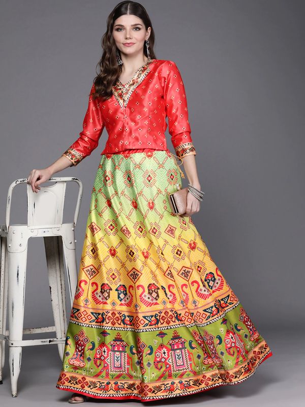 Ethnic Motifs Digital Print Shiney Satin Croptop Lehenga Choli With Blouse For Women and Girls