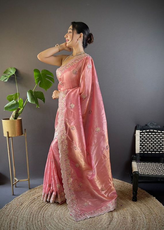 Pink Sequance & Thread Embroidery & Cut Work Gold Crunchy Saree