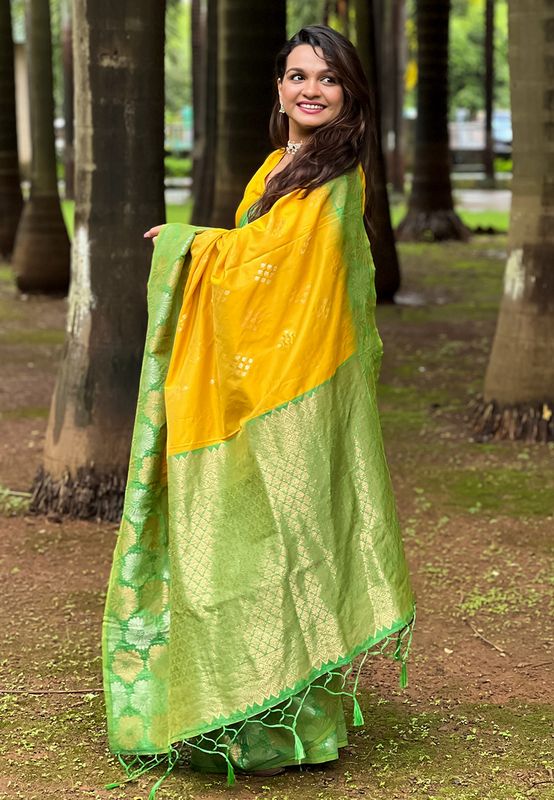 Yellow Soft Silk Weaving Dual Jari Designer Ethnic Indian Traditional Saree