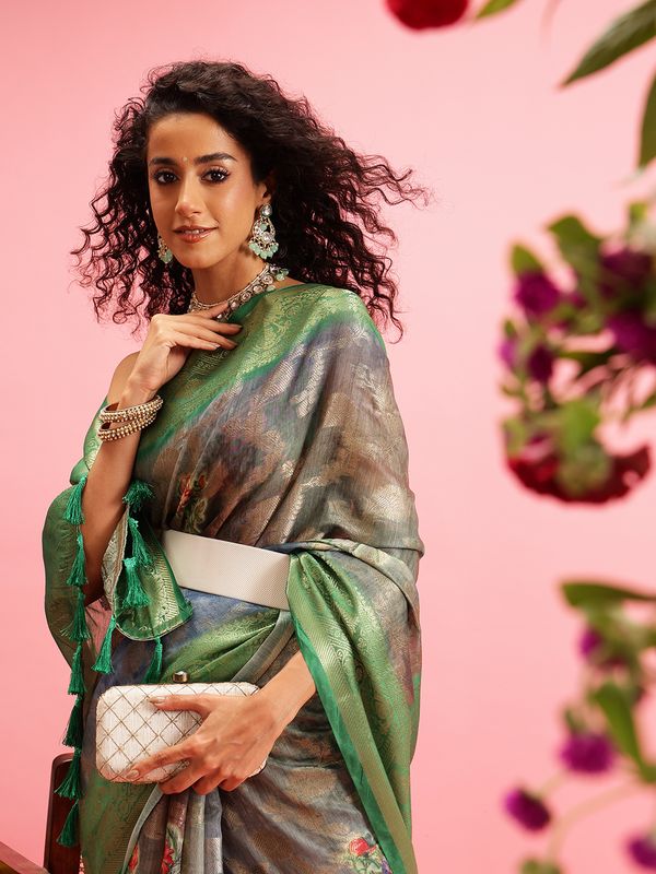 Green Digital Printed Banarasi Cotton Zari Woven Saree