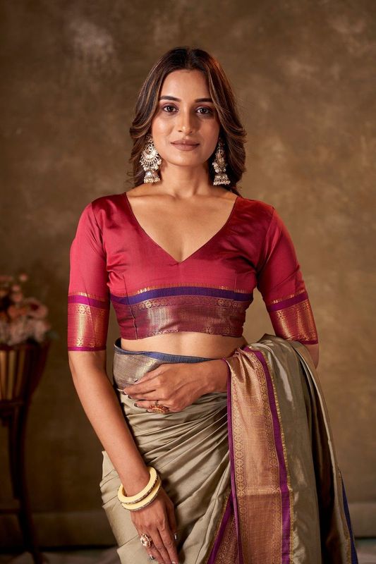 Gold Cotton Striped Saree and Stitched Red Blouse