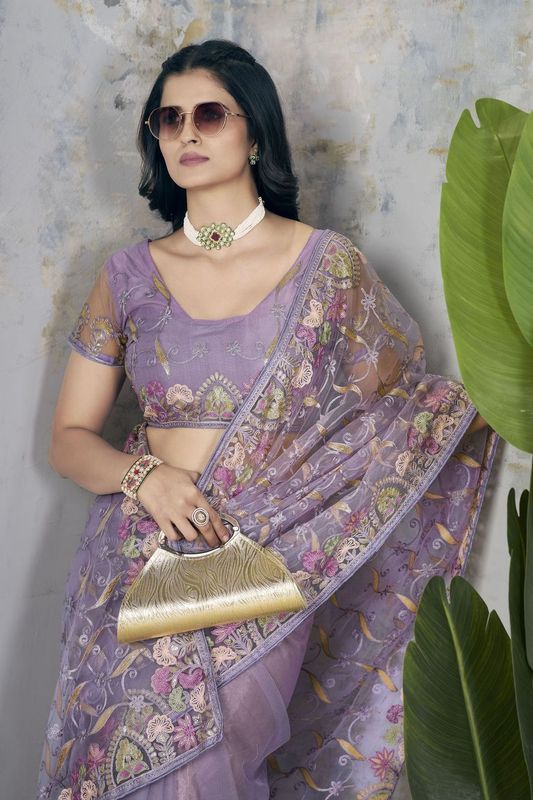 Purple Foil Thread & Aari Dori Embroidery Work Butterfly Net Saree