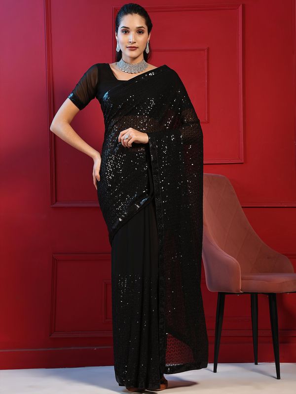 Black Designer Sequance Embroidery Work Georgette Saree