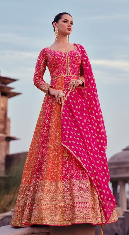 Pink Georgette Designer Embroidery Work Heavy Wedding Ceremonial Attire For Glamorous Diva Looks