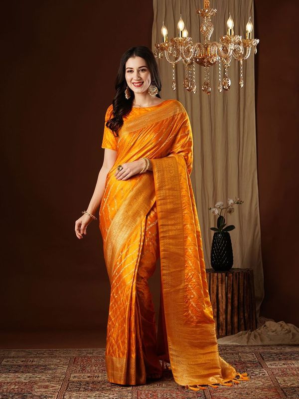 Yellow Wevon Jacquard Designer Satin Silk Saree