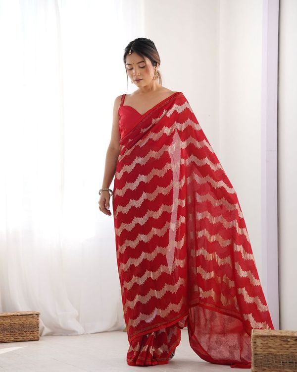 Red Sequance Embroidery Work Border Georgette Saree