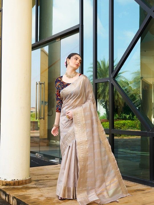 Brown Khadi Striped Saree and Stitched Multi Blouse
