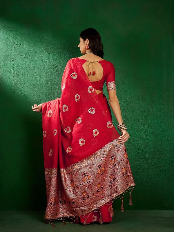 Red Wevon Jacquard Designer Staple Dola Cotton Saree