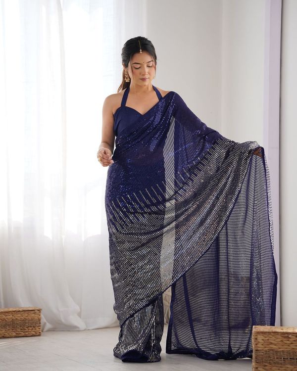 Blue Designer Sequance Embroidery Work Georgette Saree