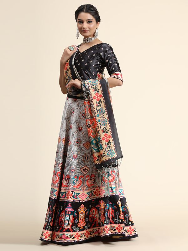 Digital Print Satin Silk Fabric Stitched Lehenga Choli With Jequared Blouse and Assami Silk Thread Work Dupatta For Women and Girls In Festive Party And Traditional Wear