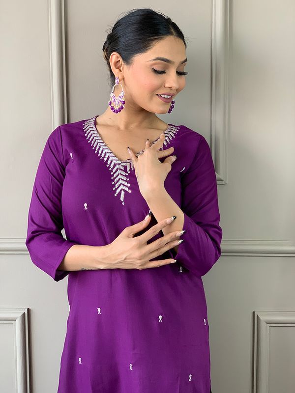 Purple Embroidered Kurta Sets