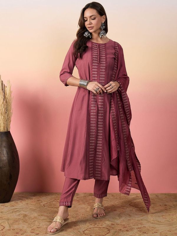 Peach Color Beautiful Woven Silk Readymade Suit with Festive Thread Embroidery Work