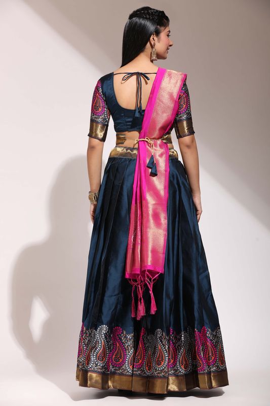 Navy Lichi Silk Jacquard Work Lehenga