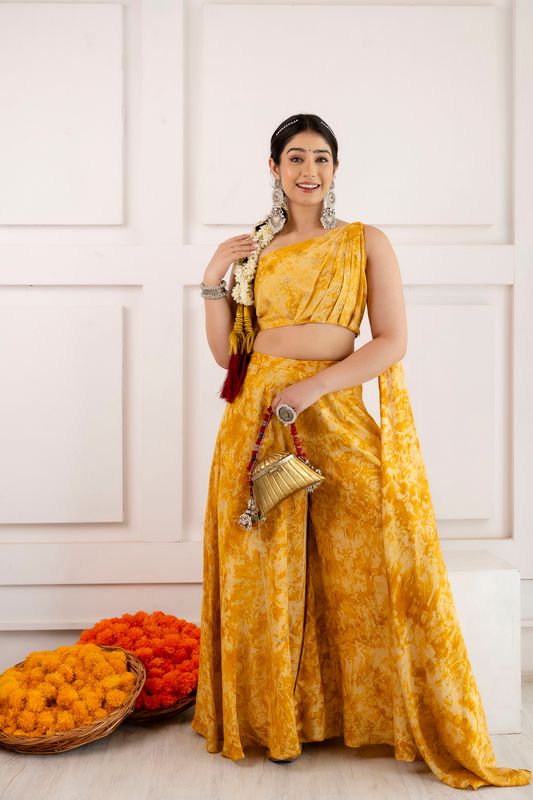 Yellow Printed Drape dupatta Set