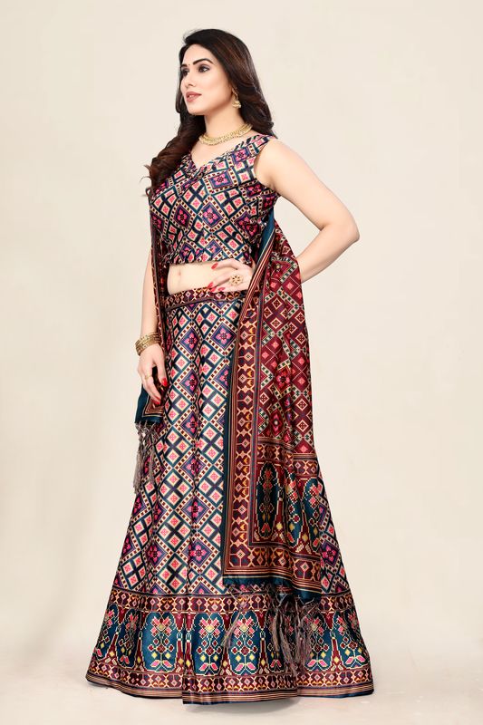 Digital Print Satin Silk Fabric Stitched Lehenga Choli With Jequared Blouse and Assami Silk Thread Work Dupatta For Women and Girls In Festive Party And Traditional Wear