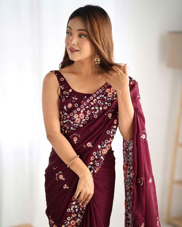 Wine Multy Thread & Sequance Embroidery Work Satin Chiffon Saree