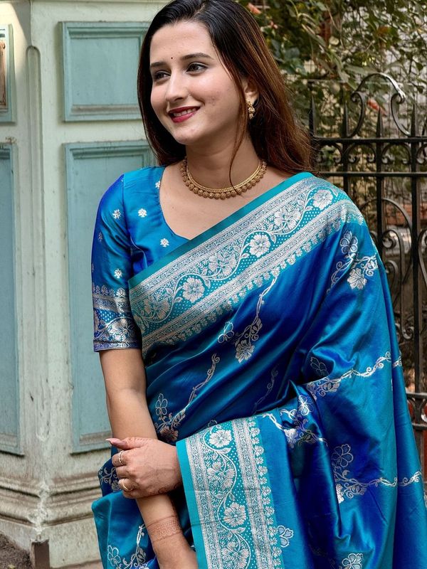 Sky Blue Wevon Jacquard Jari Designer Banarasi Silk Saree