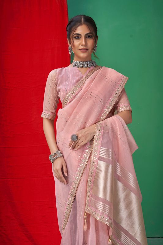 Pink Wevon Lining Designer & Coding & Sequance & Gota Patti Embroidery Work Organza Saree