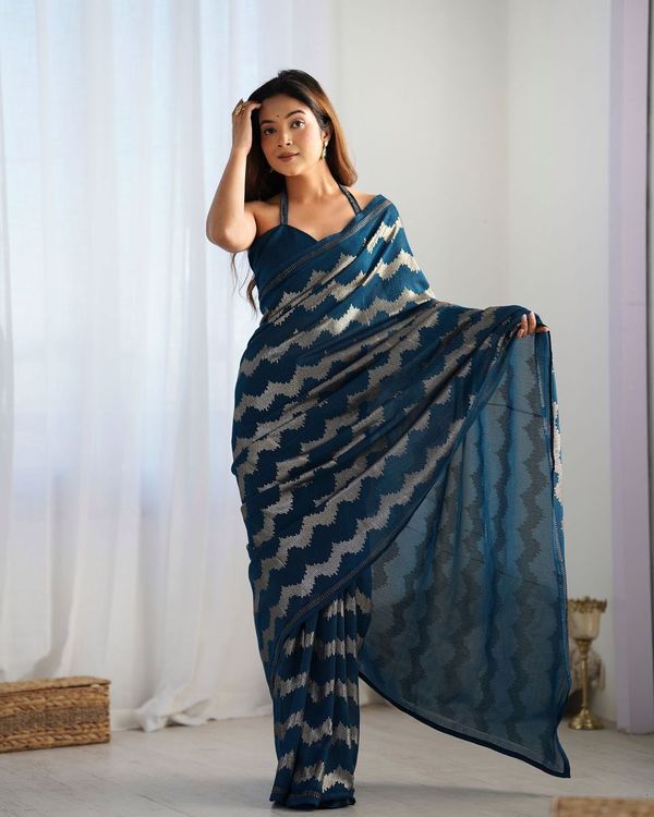 Petrol Sequance Embroidery Work Border Georgette Saree