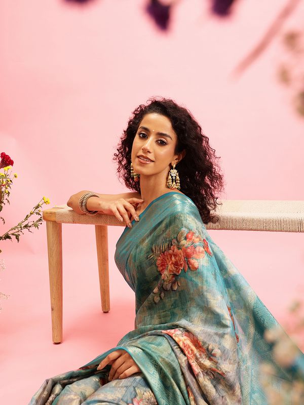 Teal Digital Printed Banarasi Cotton Zari Woven Saree
