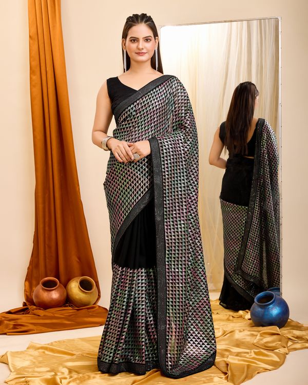 Black Heavy Sequance Embroidery Work Georgette Saree
