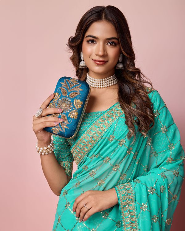 Sea Green Designer Coding & Sequance Embroidery Work Georgette Saree