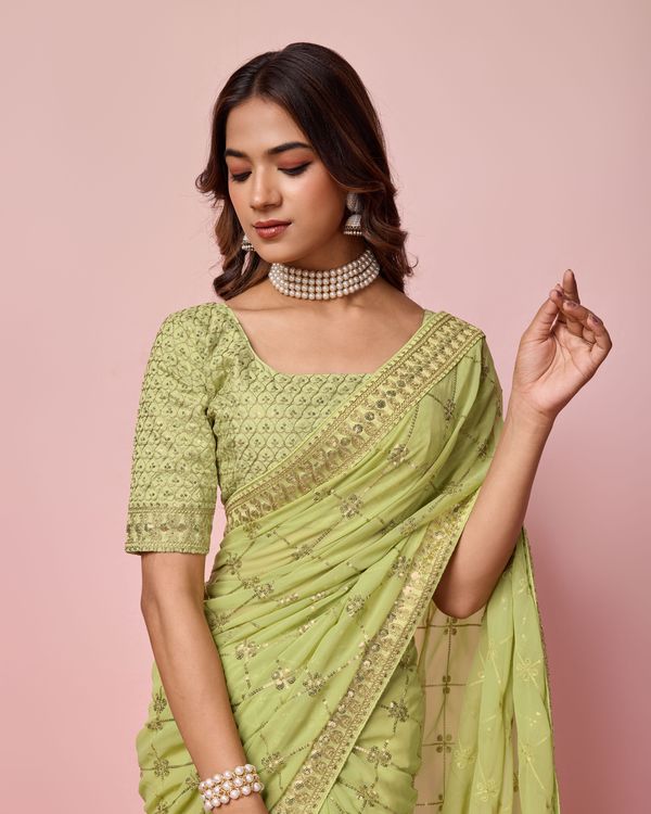 Green Designer Coding & Sequance Embroidery Work Georgette Saree