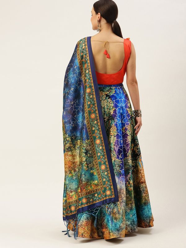 Digital Print Satin Silk Fabric Stitched Lehenga Choli With Jequared Blouse and Assami Silk Thread Work Dupatta For Women and Girls In Festive Party And Traditional Wear