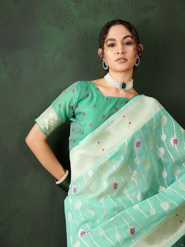 Sea Green Poly Cotton Wevon Designer Graceful Ethnic Partywear Saree