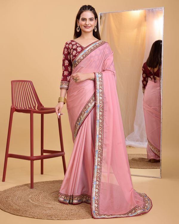 Pink Heavy Embroidery Work Lace & Blouse Organza Saree